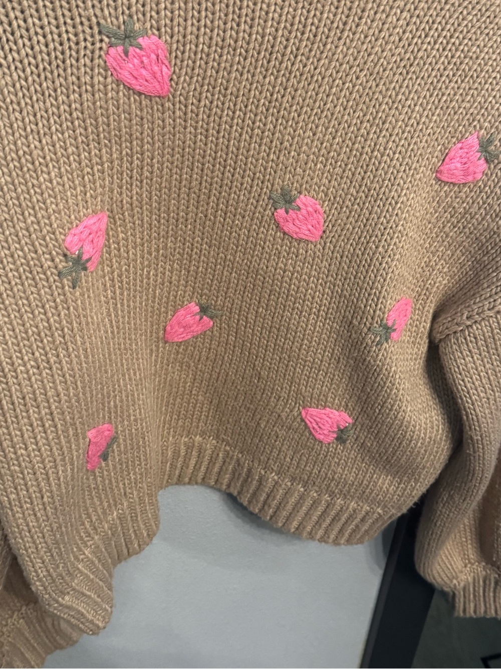 Forever 21 Chunky Tan Cardigan Sweater with Cute Pink Strawberry Embroidery 🍓 - Picture 13 of 14